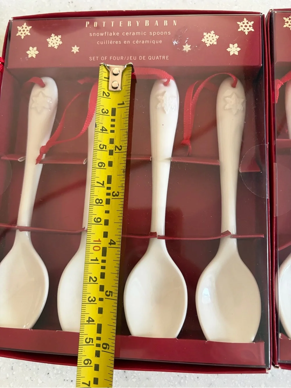 NWT Pottery Barn White Ceramic Snowflake Serving Spoons with Red Ribbon Set of 8